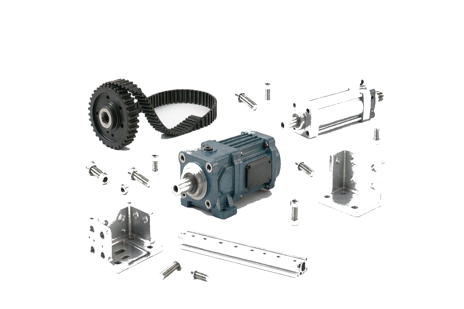 Industrial components assortment: fasteners, timing pulley, gear motor, pneumatic cylinder and machined parts